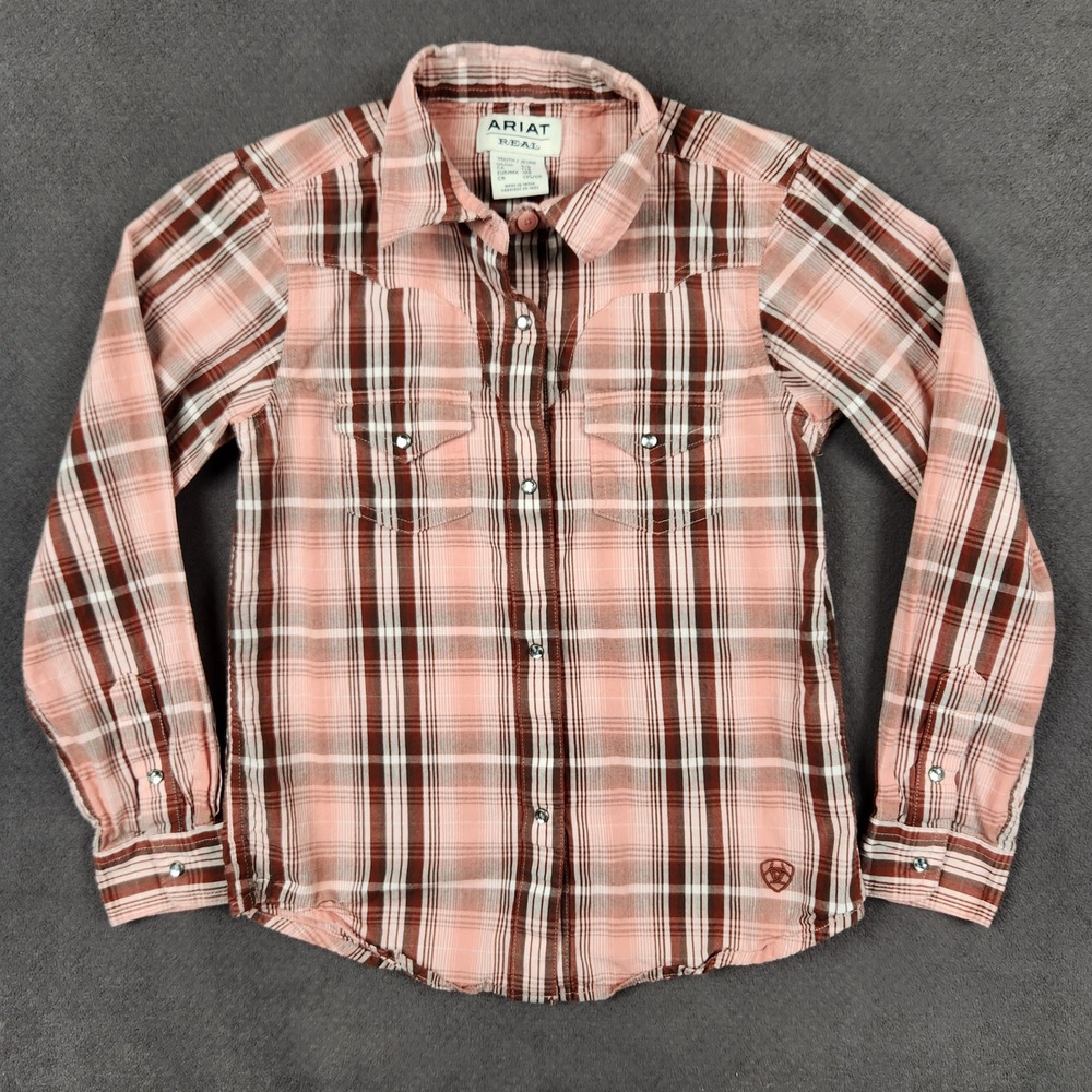 Ariat Saguaro Shirt Girls Small 8 Pink Plaid Western Pearl Snap Long Sleeve